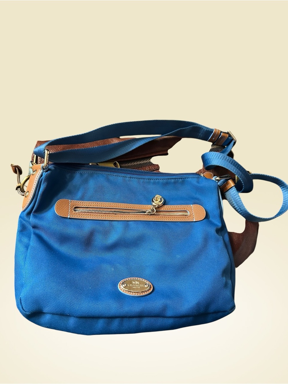 Coach Blue Crossbody Bag with Tan Trim